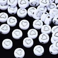 Opaque White Acrylic Beads, Flat Round with Silver Heart, White, 7x3.5mm, Hole: 1.5mm, about 3600~3700pcs/500g(MACR-Q242-005)