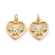 Brass Micro Pave Cubic Zirconia Pendants, with Jump Rings, Long-Lasting Plated, Cadmium Free & Lead Free, Heart with Butterfly, Real 18K Gold Plated, 11x10x1.5mm, Hole: 2.6mm(ZIRC-P091-10G-RS)