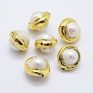 Natural Cultured Freshwater Pearl Beads, Edge Golden Plated, Round, White, 15x13~14x10.5~11mm, Hole: 0.5mm(PEAR-F006-83G)