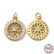 925 Sterling Silver Micro Pave Cubic Zirconia Charms, Flat Round with Flower Charm, with Jump Ring, Real 18K Gold Plated, 12.5x10.5x1.5mm, Hole: 2.3mm(STER-I010-10G)