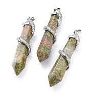 Natural Unakite Big Pointed Pendants, with Platinum Plated Brass Bails, Faceted, Bullet with Snake, 59~61.5x11~12x11~12mm, Hole: 5x8mm(X-G-F696-B06)