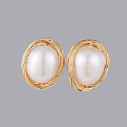 Stud Earrings, with Natural Baroque Pearl Keshi Pearl Beads, Brass Findings and Ear Nuts, Golden, 3x10.5x7.5~8mm, Pin: 0.7mm(EJEW-JE03699)