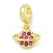 Rack Plating Brass Pave Hot Pink Cubic Zirconia Planet European Dangle Charms, Large Hole Pendants, Lead Free & Cadmium Free, Long-Lasting Plated, Real 18K Gold Plated, 10.5x12x3.6mm, Hole: 4.6mm(KK-Z067-37G)