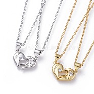 Valentine's Day Jewelry, 304 Stainless Steel Pendant Couple Necklaces Sets, with Cubic Zirconia, Cable Chains and Lobster Claw Clasps, Split Heart, Clear, Golden & Stainless Steel Color, 17.5 inch(44.5cm), 2mm, 2pcs/set(NJEW-F271-05)