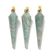Natural Amazonite Pointed Pendants, Faceted Cone Charms with Golden Plated Barss Snap on Bails, 35~35.5x8~8.5mm, Hole: 6.5x4mm(G-D089-01G-01)
