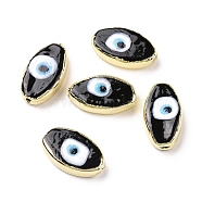 Handmade Lampwork Beads, with Golden Tone Brass Finding, Cadmium Free & Lead Free, Horse Eye with Evil Eye, Black, 17.5~19x10~10.5x5.5~6.5mm, Hole: 2mm(LAMP-E030-04A)