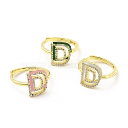 Mixed Color Enamel Initial Letter Adjustable Ring with Clear Cubic Zirconia, Real 18K Gold Plated Brass Jewelry for Women, Cadmium Free & Lead Free, Letter.D, US Size 5 1/4(16mm), Letter.D: 13x10.5mm(RJEW-P045-01G-D)