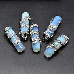 Brass Opalite Pendants, Cadmium Free & Lead Free, Column with Dragon, Platinum, 40x13mm, Hole: 5x8mm(G-E467-21C-RS)