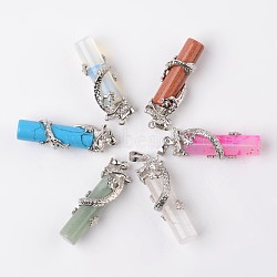 Tube Natural & Synthetic Mixed Stone Pendants, with Dragon Brass Findings, Platinum, 48x15x10mm, Hole: 7x5mm(G-L455-H)