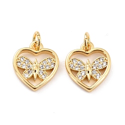 Brass Micro Pave Cubic Zirconia Pendants, with Jump Rings, Long-Lasting Plated, Cadmium Free & Lead Free, Heart with Butterfly, Real 18K Gold Plated, 11x10x1.5mm, Hole: 2.6mm(ZIRC-P091-10G-RS)