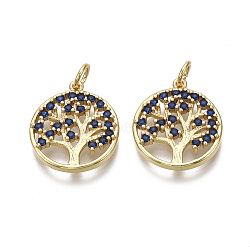 Brass Micro Pave Cubic Zirconia Pendants, with Jump Ring, Flat Round with Tree of Life,   Nickel Free, Real 18K Gold Plated, Blue, 18x15.5x2.5mm, Hole: 3mm(KK-R133-033B-NF)