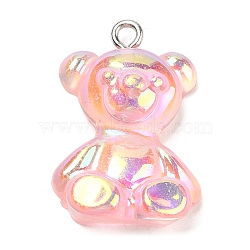 Transparent Resin Pendants, Iridescent Bear Charms with Platinum Plated Iron Loops, Pink, 24.5~25.5x17~18x8~8.5mm, Hole: 1.8mm(RESI-M033-01G)