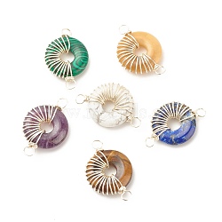 Natural & Synthetic Gemstone Connector Charms, Twisted with Silver Tone Copper Wire, Flat Round/Disc, 27~29x17.5~18.5x5~5.5mm, Hole: 3~5.5mm(PALLOY-JF01579)