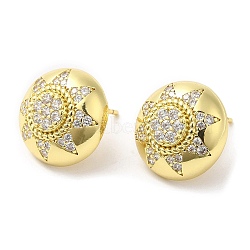 Rack Plating Brass Half Round with Sun Stud Earrings with Crystal Rhinestone for Women, Lead Free & Cadmium Free, Real 18K Gold Plated, 15mm(EJEW-D059-14G)