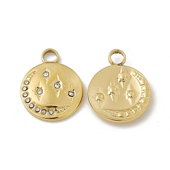 Vacuum Plating 201 Stainless Steel Pendants, Crystal Rhinestone Flat Round with Moon & Star Charms, Real 18K Gold Plated, 17x13.5x2mm, Hole: 2.8mm