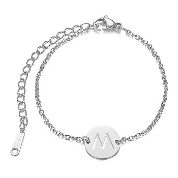 201 Stainless Steel Link Bracelets, with Cable Chains and Lobster Claw Clasps, Flat Round with Letter, Letter.M, 6 inch~6-3/4 inch(15~17.5cm), 1.5mm