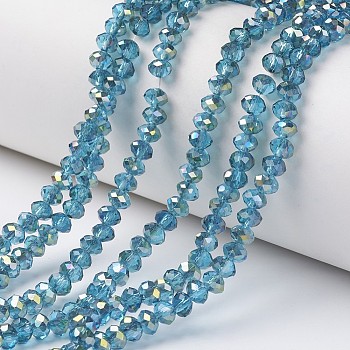 Electroplate Transparent Glass Beads Strands, Half Green Plated, Faceted, Rondelle, Deep Sky Blue, 4x3mm, Hole: 0.4mm, about 113~115pcs/strand, 41~42cm