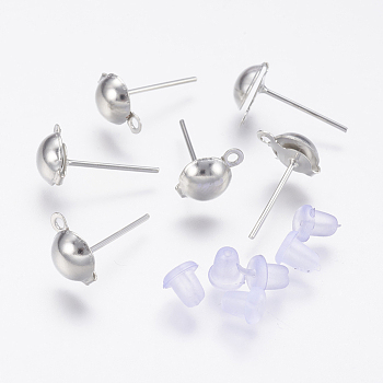 Iron Stud Earring Findings, with Loop and Plastic Ear Nuts/Earring Backs, Platinum, 6mm, Hole: 1mm, Pin: 1mm