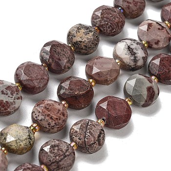 Natural America Picture Jasper Beads Strands, with Seed Beads, Faceted Hexagonal Cut, Flat Round, 12~12.5x5~6mm, Hole: 1.2~1.4mm, about 27~29pcs/strand, 15.55~15.75 inck(39.5~40cm)