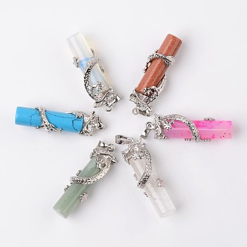 Tube Natural & Synthetic Mixed Stone Pendants, with Dragon Brass Findings, Platinum, 48x15x10mm, Hole: 7x5mm
