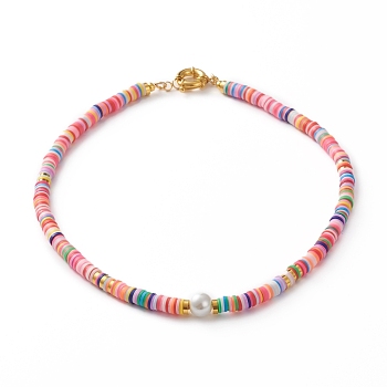 Polymer Clay Heishi Beaded Necklaces, with Round Glass Pearl Beads, Brass Spacer Beads and Spring Ring Clasps, Colorful, 17-7/8 inch(45.5cm)