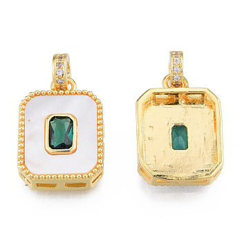 Brass Micro Pave Clear Cubic Zirconia Pendants, with Shell and Glass, Real 18K Gold Plated, Nickel Free, Rectangle, Green, 20x14x4.5mm, Hole: 3.5mm