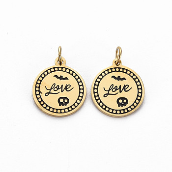 Ion Plating(IP) 316 Surgical Stainless Steel Enamel Charms, with Jump Rings, Laser Cut, Cadmium Free & Nickel Free & Lead Free, Flat Round with Bat, Skull & Word Love, Black, Real 14K Gold Plated, 11.5x10x1mm, Hole: 2mm