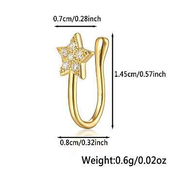 925 Sterling Silver Pave Clear Cubic Zirconia Star Nose Rings, Halloween Nose Cuffs, Fashion Jewelry, Golden, 14.5x8mm