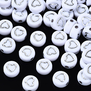 Opaque White Acrylic Beads, Flat Round with Silver Heart, White, 7x3.5mm, Hole: 1.5mm, about 3600~3700pcs/500g