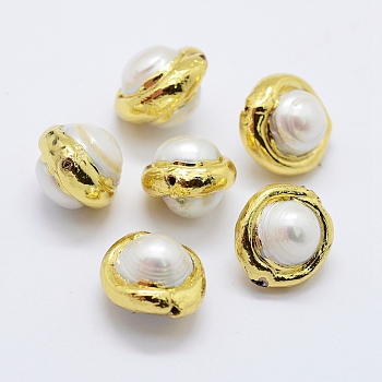 Natural Cultured Freshwater Pearl Beads, Edge Golden Plated, Round, White, 15x13~14x10.5~11mm, Hole: 0.5mm