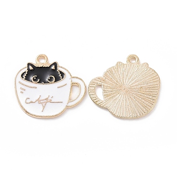 Alloy Enamel Pendants, Light Gold, Cup with Cat Charm, White, 18.5x20x1mm, Hole: 1.5mm