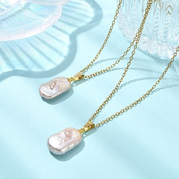 Natural Baroque Keshi Pearl Rectangle Pendant 304 Stainless Steel Cable Chain Necklaces for Women, White, Golden, 17.72 inch(45cm)
