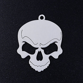 201 Stainless Steel Pendants, For Halloween, Skull, Stainless Steel Color, 24x19x1mm, Hole: 1.5mm