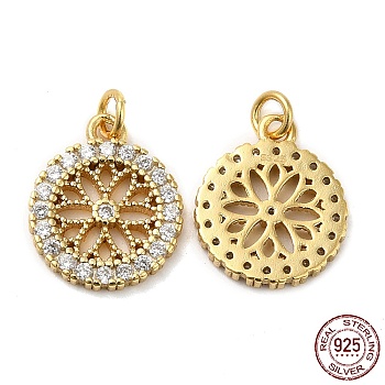 925 Sterling Silver Micro Pave Cubic Zirconia Charms, Flat Round with Flower Charm, with Jump Ring, Real 18K Gold Plated, 12.5x10.5x1.5mm, Hole: 2.3mm