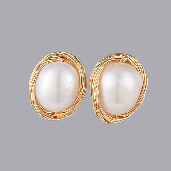 Stud Earrings, with Natural Baroque Pearl Keshi Pearl Beads, Brass Findings and Ear Nuts, Golden, 3x10.5x7.5~8mm, Pin: 0.7mm