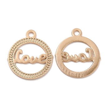 Long-Lasting Plated Brass Filigree Charms, Flat Round with Word Love Charm, Light Gold, 9.5x8x0.3mm, Hole: 0.9mm