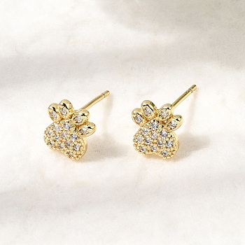 Paw Print Brass Micro Pave Clear Cubic Zirconia Stud Earrings, Pave Cluster Earring, Cadmium Free & Lead Free, Long-Lasting Plated, Rack Plating, Real 18K Gold Plated, 8x7.5mm