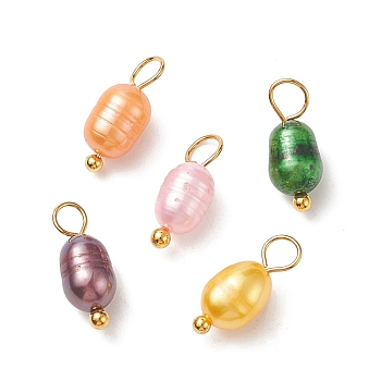 Dyed Natural Cultured Freshwater Pearl Rice Charms, with Brass Ball Head Pins, Mixed Color, Golden, 13x5mm, Hole: 3.2mm