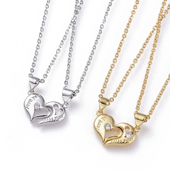 Valentine's Day Jewelry, 304 Stainless Steel Pendant Couple Necklaces Sets, with Cubic Zirconia, Cable Chains and Lobster Claw Clasps, Split Heart, Clear, Golden & Stainless Steel Color, 17.5 inch(44.5cm), 2mm, 2pcs/set