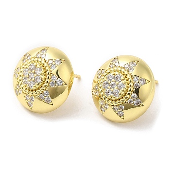 Rack Plating Brass Half Round with Sun Stud Earrings with Crystal Rhinestone for Women, Lead Free & Cadmium Free, Real 18K Gold Plated, 15mm