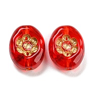 Plating Transparent Acrylic Beads, Golden Metal Enlaced, Oval with Flower, Red, 13.5x11x5.5mm, Hole: 1.8mm, about 909pcs/500g(OACR-A024-03C)