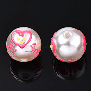 ABS Plastic Imitation Pearl Beads, with Enamel, Round with Heart & Word Smile, Deep Pink, 12x11mm, Hole: 2mm(KY-N015-107)