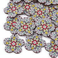 Printed Basswood Pendants, Back Random Color, Flower, Creamy White, 33.5x34.5x3mm, Hole: 1.5mm(WOOD-S045-018C)