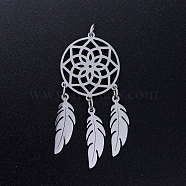 201 Stainless Steel Pendants, with Jump Rings, Woven Net/Web with Feather, Stainless Steel Color, 46x20x1mm, Hole: 3mm, Ring: 5x0.8mm(STAS-S105-JN355-1)