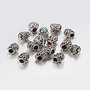 Tibetan Style Alloy Rhinestone European Beads, Large Hole Beads, Heart, Antique Silver, Mixed Color, 12x12.5x10mm, Hole: 5mm(PALLOY-F200-06)