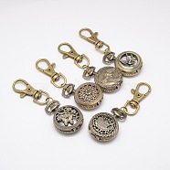 Mixed Styles Retro Keyring Accessories Alloy Quartz Watch for Keychain, with Alloy Lobster Clasps, Flat Round, Antique Bronze, 80mm(WACH-M041-M)