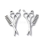 304 Stainless Steel Pendants, Scissors with Comb Charm, Stainless Steel Color, 33.5x19x2mm, Hole: 1.6mm(STAS-P324-24P)