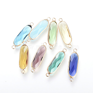 Glass Links connectors, with Brass Findings, Faceted, Oval, Mixed Color, 31.5x8.5x4.5mm, Hole: 2.5mm(X-GLAA-S125-M)