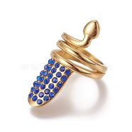 Ion Plating(IP) 304 Stainless Steel Finger Rings, with Rhinestone, Golden, Sapphire, US Size 1 3/4(13mm)(RJEW-E157-08G-13mm-B)