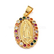 Brass Micro Pave Colorful Cubic Zirconia Pendants, Lady of Guadalupe Charms, Oval with Virgin Mary, Real 18K Gold Plated, 26x16.5x3mm, Hole: 6.5x4mm(ZIRC-A021-41G)